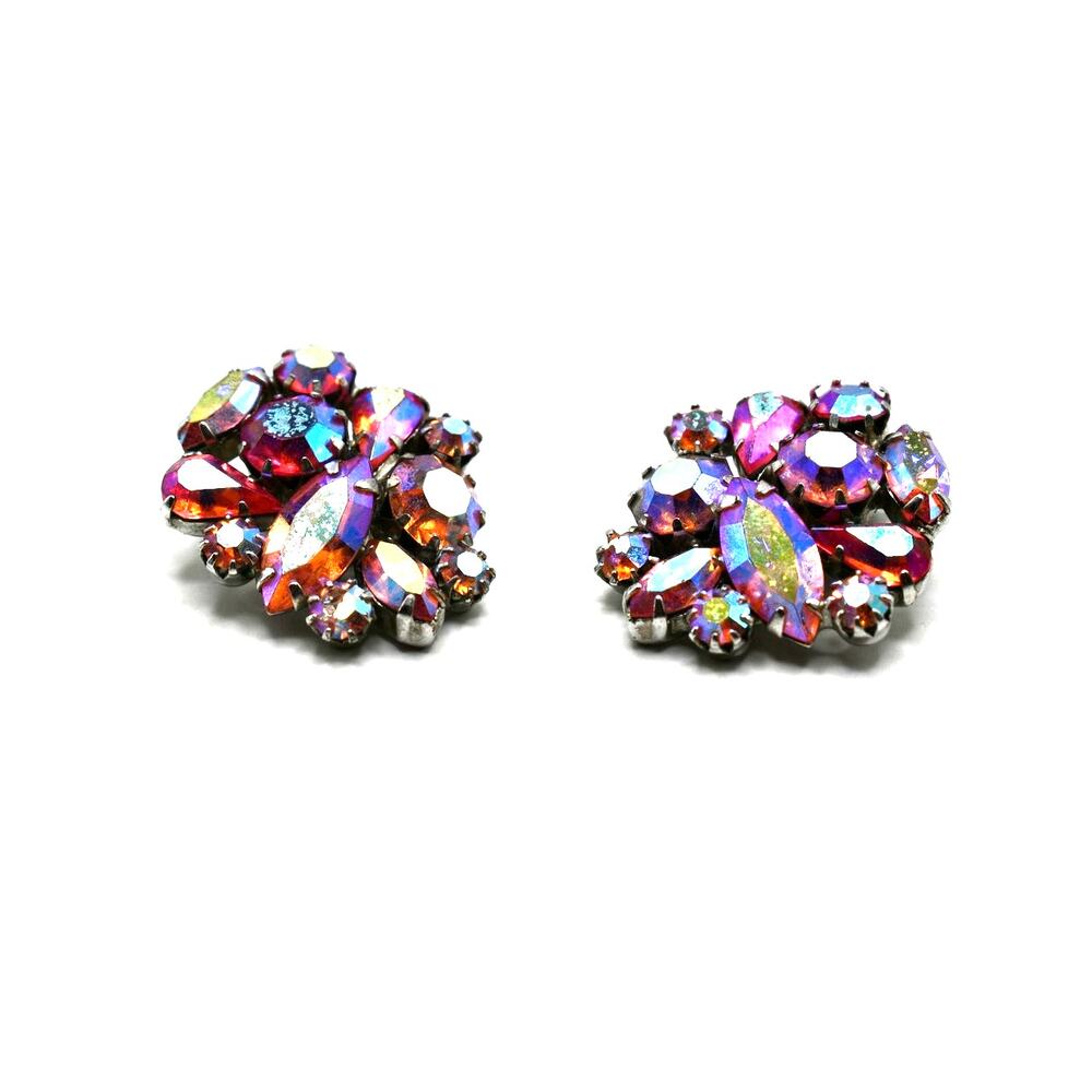 Vintage Kramer Red Aurora Borealis Rhinestone Clip Earrings Signed 1950s
